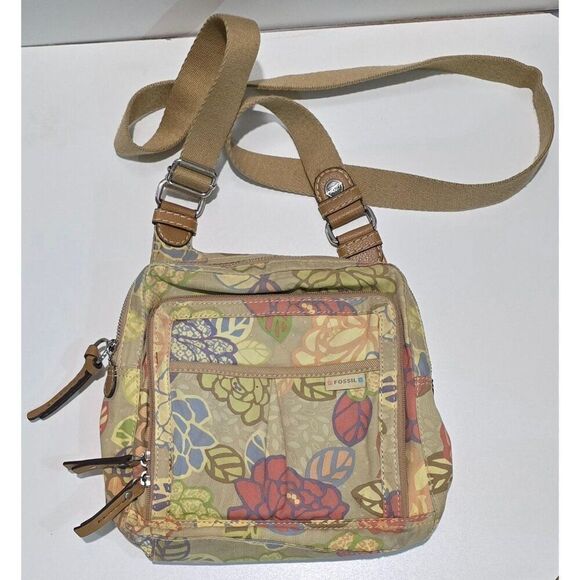 Fossil Brand Floral Print Crossbody Bag Adjustable Strap Multiple Pocket Vintage - Picture 1 of 13